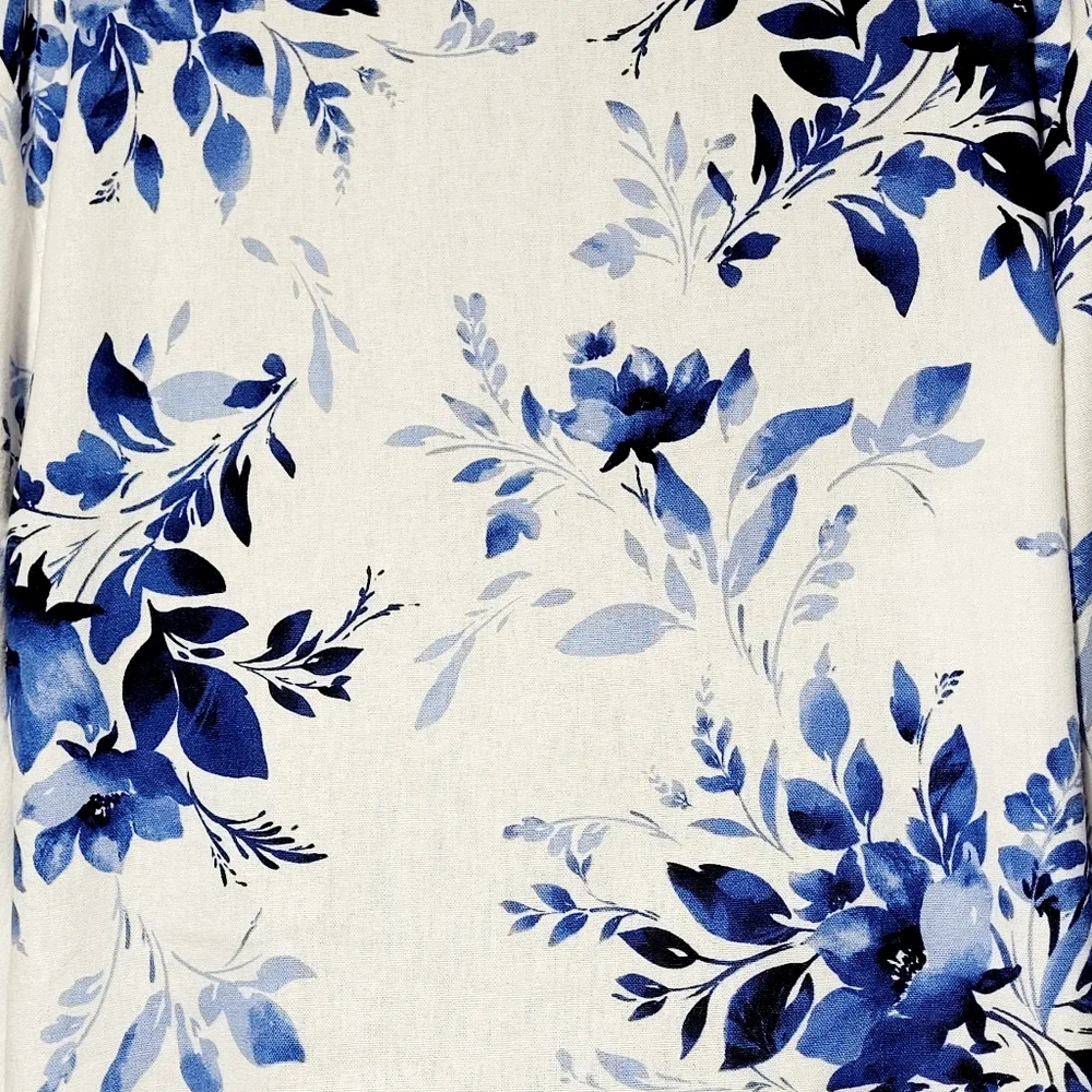 Ellen Tracy White Linen with Blue Floral Print Tie Front Blouse Women's (L) - Picture 7 of 12